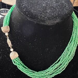 Vintage 12 Strand Green Beaded Necklace with Pearl and Silver Tone Clasp